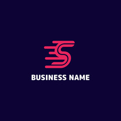 Simple and minimalist bright pink letter S speed monogram initial logo in dark blue background