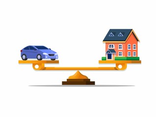 Scale comparison decision buy car or house in management financial symbol concept cartoon flat illustration vector