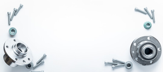 Auto equipment. Auto motor mechanic spare or automotive piece on white banner background. Set of...