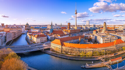 panoramic view at central berlin while sunset - obrazy, fototapety, plakaty