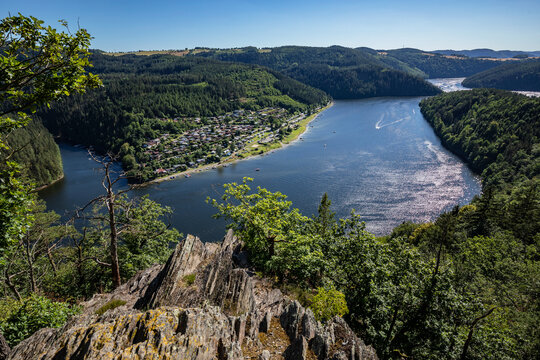 View From The Bockfelsen Lookout Point To The Hohenwartestausee Near G&ouml;ssitz, Saale-Orla District, Thuringia, Germany, Europe