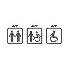 Elevator black vector icon. Lift with people and for disabled sign.