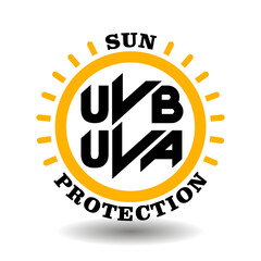 Circle vector icon Sun Protection with UVA, UVB symbols for labeling SPF cosmetics package. Sunblock sign for skin care product against ultraviolet rays