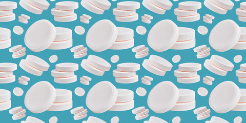 Seamless pattern of effervescent tablet pills on a blue backround. Vitamin C soluble pills. Fizzy...