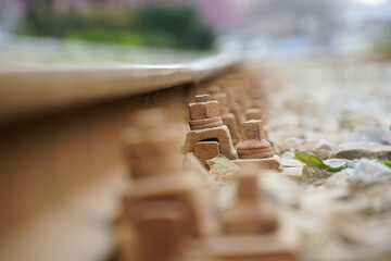 Tram rails. The forces of a Bucharest tram in the spring of 2021, Bucharest, Romania. Photo during the day.