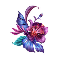 digital floral illustration, abstract botanical arrangement with blue purple tropical fantasy flowers