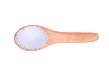 sugar in wood spoon isolated on white background. Top view