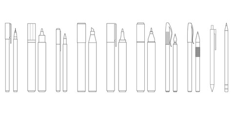 A set of pens and markers. Collection of stationery isolated on white background. Vector illustration