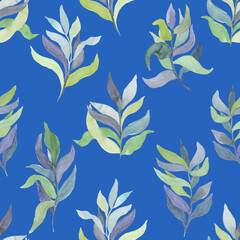 watercolor twigs with leaves of different colors on a colored blue background vector seamless pattern