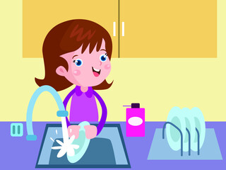 Girl washing dishes vector concept for banner, website, illustration, landing page, flyer, etc.
