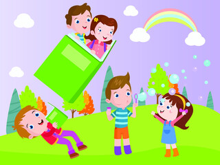 Obraz na płótnie Canvas Kids having fun with bubbles and books vector concept for banner, website, illustration, landing page, flyer, etc.