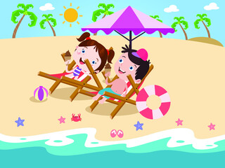 Obraz na płótnie Canvas Happy kids eating ice cream at beach vector concept for banner, website, illustration, landing page, flyer, etc.