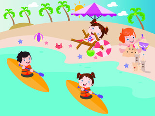 Obraz na płótnie Canvas Kids with canoe having fun at beach vector concept for banner, website, illustration, landing page, flyer, etc.