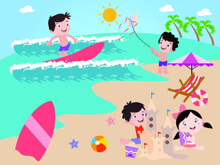 Obraz na płótnie Canvas Happy kids surfing and playing at beach vector concept for banner, website, illustration, landing page, flyer, etc.
