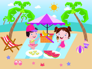 Kids having picnic at beach vector concept for banner, website, illustration, landing page, flyer, etc.