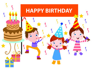 Kids celebrating birthday isolated over white vector concept for banner, website, illustration, landing page, flyer, etc.
