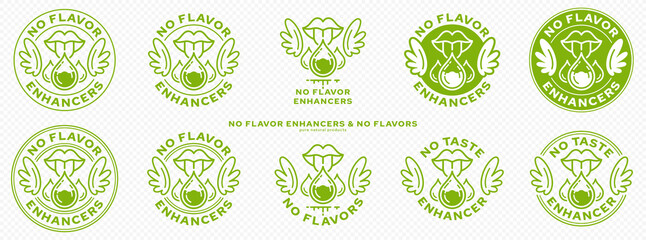 Concept for packaging. Labeling - no flavor enhancers. The mouth icon with wings and a drop of additive is a symbol of freedom from flavorings and a flavor enhancer. Vector.