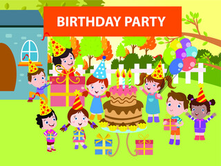 Kids celebrating birthday outdoor vector concept for banner, website, illustration, landing page, flyer, etc.
