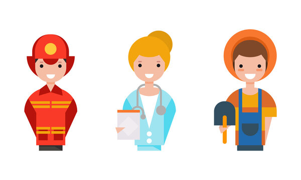 People of Various Professions Set, Farmer, Firefighter, Doctor Characters Cartoon Vector Illustration
