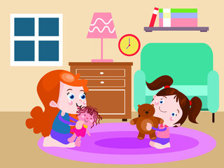 Girls playing with dolls vector concept for banner, website, illustration, landing page, flyer, etc.