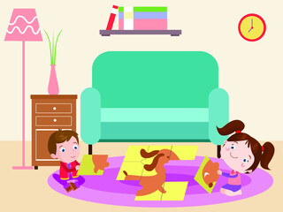 Kids playing with puzzle vector concept for banner, website, illustration, landing page, flyer, etc.