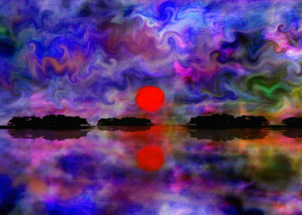 Red sunset over calm water