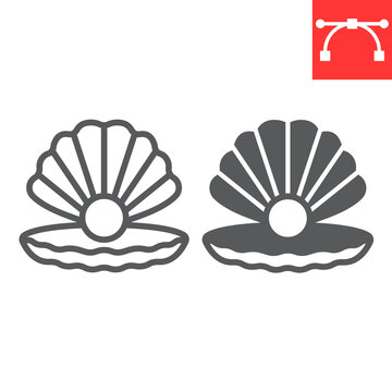 Seashell with pearl line and glyph icon, shell and ocean animals, open seashell vector icon, vector graphics, editable stroke outline sign, eps 10.