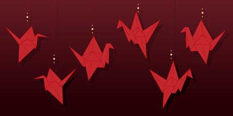 Background with paper cranes. Vector illustration.