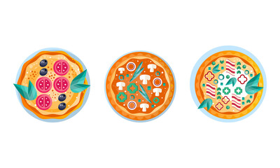Top View of Whole Pizza Set, Freshly Baked Pizza with Various Ingredients Flat Vector Illustration
