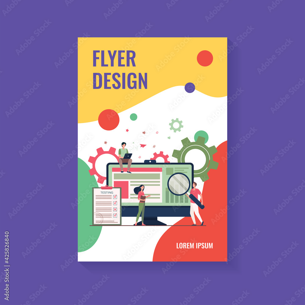 Poster tiny people testing quality assurance in software isolated flat vector illustration. cartoon charact