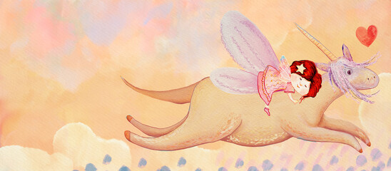 Little girl and unicor. Watercolor fantasy background.