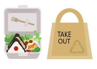 イラスト素材：テイクアウト用のお弁当と紙バックで環境問題をわかりやすくイメージしたイラストセット