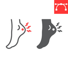 Heel pain line and glyph icon, painful and illness, foot ache vector icon, vector graphics, editable stroke outline sign, eps 10.