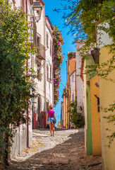 Fototapeta na wymiar Bosa (Sardinia, Italy) - A view of the touristic and charming colorful old town in the marine coast of Oristano, one of the most beautiful on the island of Sardegna.