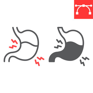 Stomach pain line and glyph icon, human organ and diet, stomach ache vector icon, vector graphics, editable stroke outline sign, eps 10.