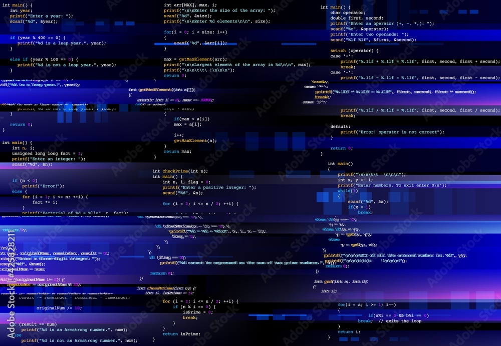 Leinwandbilder Glitching computer screen, glitch programming code. Virtual environment, programm function failure and data loss, critical code mistake, hacker attack or hardware malfunction concept vector background