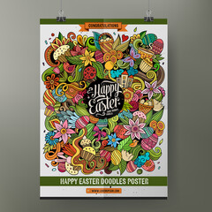 Cartoon colorful hand drawn doodles Happy Easter poster template