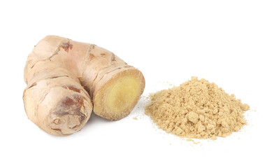 Ginger powder and ginger root isolated on the white background