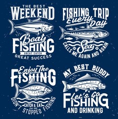 Fototapeta premium Fishing sport tourism t-shirt print template. Tuna and atlantic mackerel, bream and carp engraved vector. Fishing weekend trip emblem, fisher clothing custom t-shirt print with ocean and river fish