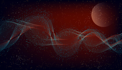 Abstract dark red background. Outer space with the moon and a swirling wavy ribbon. Vector graphics.