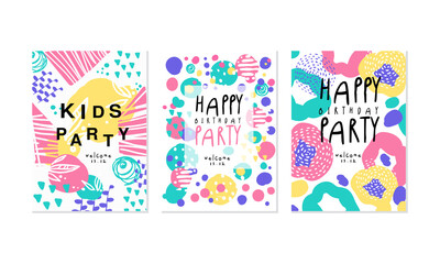 Kids Party Card Templates Set, Happy Birthday Party Banner, Poster Hand Drawn Vector Illustration