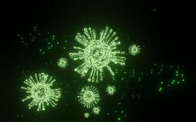 Background 3D rendering Green COVID-19 cells. Coronavirus or COVID-19 disease cells outbreak influenza flu strain pandemic medical. close up Coronavirus Epidemic virus outbreak concept.