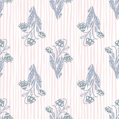 Scrapbook seamless pattern with pastel tones blue flowers bouquet print. Light striped background.