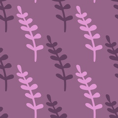 Exotic seamless pattern in purple violet palette with simple branches ornament. Hand drawn floral ornament.