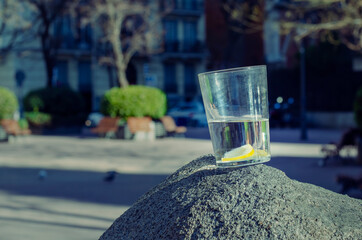 VASO DE AGUA CON RODAJA DE LIMÓN SOBRE PIEDRA EN UNA PLAZA CON BANCOS