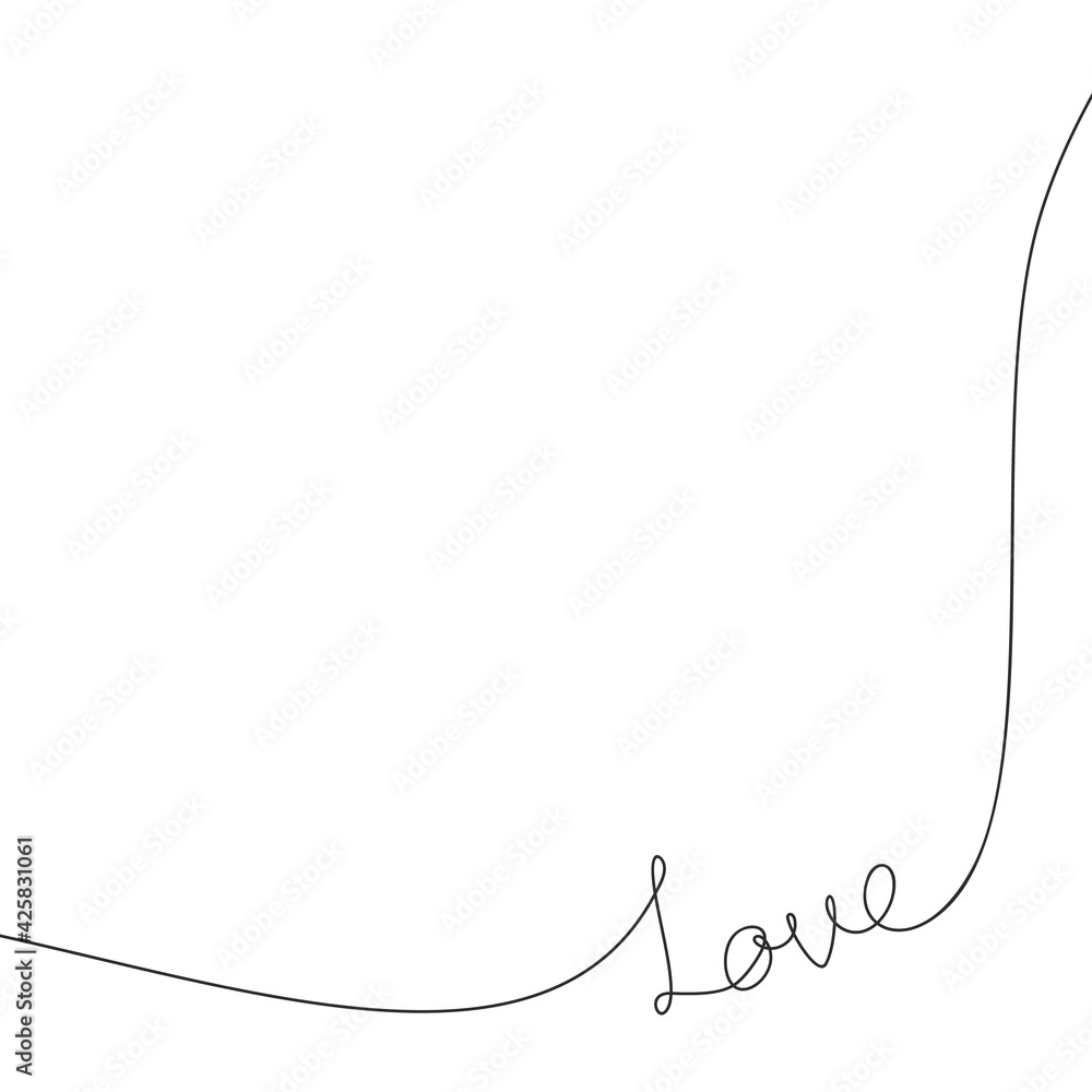 Poster Word Love continuous one line drawing corner frame decoration, calligraphy lettering free handwriting love concept, black and white graphics