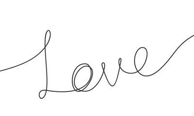 Word Love continuous one line drawing, calligraphy lettering free handwriting love concept, black and white graphics