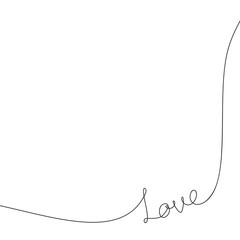 Word Love continuous one line drawing corner frame decoration, calligraphy lettering free handwriting love concept, black and white graphics