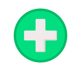 Green first aid sign isolated on white background. Flat cartoon illustration