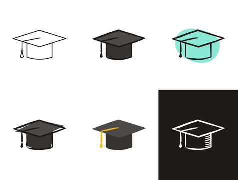 Master caps icons set isolated on white background. Hand-drawn contour icon in doodle style, flat and chalk on a black board. Vector object for the theme of higher education, graduate, graduation.